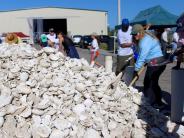 Volunteers bagging oyster shell for reefs